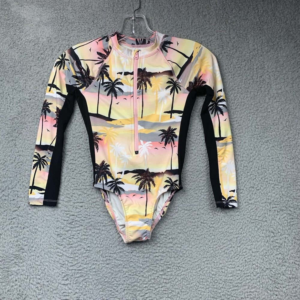 Wonder Nation Swimsuit Girls Youth M (7-8) Tropical One Piece Long Sleeve